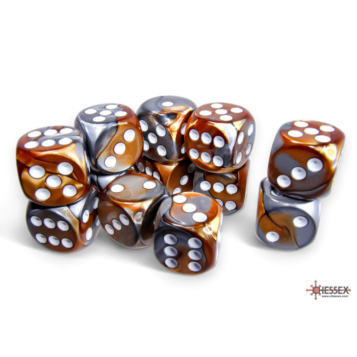 Chessex Gemini 16mm d6 Copper-Steel/white Dice Block (12 dice)
