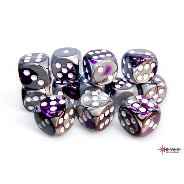 Chessex Gemini 16mm d6 Purple-Steel/white Dice Block (12 dice)