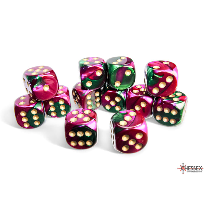 Chessex Gemini 16mm d6 Green-Purple/gold Dice Block (12 dice)