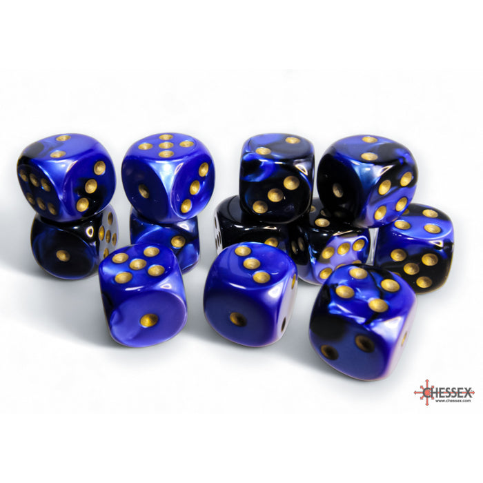 Chessex Gemini 16mm d6 Black-Blue/gold Dice Block (12 dice)