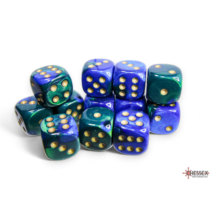 Chessex Gemini 16mm d6 Blue-Green/gold Dice Block (12 dice)