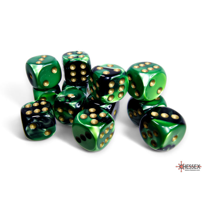 Chessex Gemini 16mm d6 Black-Green/gold Dice Block (12 dice)