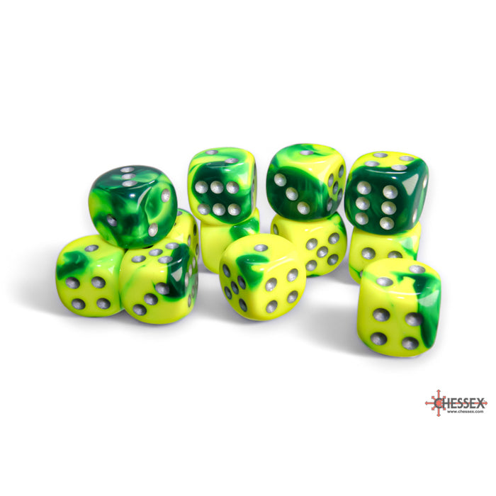 Chessex Gemini 16mm d6 Green-Yellow/silver Dice Block (12 dice)