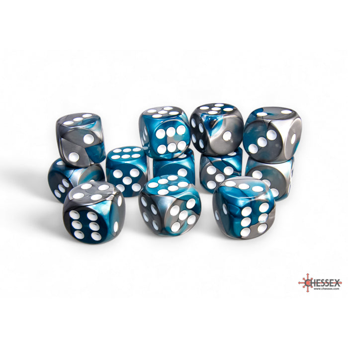 Chessex Gemini 16mm d6 Steel-Teal/white Dice Block (12 dice)