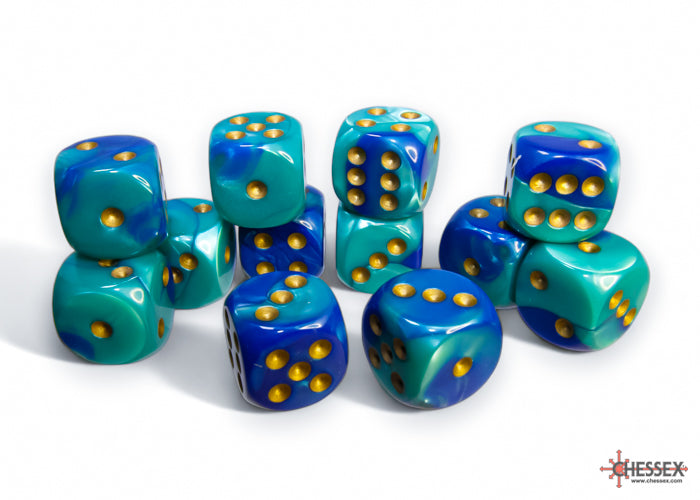 Chessex Gemini 16mm d6 Blue-Teal/gold Dice Block (12 dice)