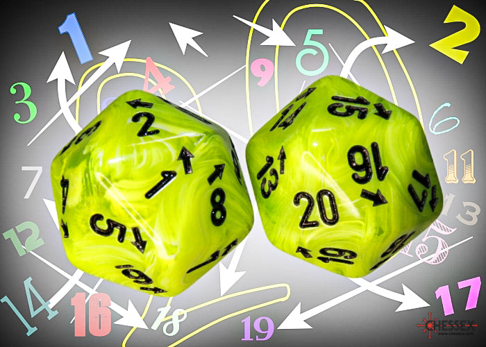 Chessex CHXXVUD00 Vortex Bright Green/Black Spindown D20 (Single Dice) (9250468593901)