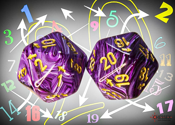 Chessex CHXXVUD07 Vortex Purple/Gold Spindown D20 (Single Dice) (9250468757741)