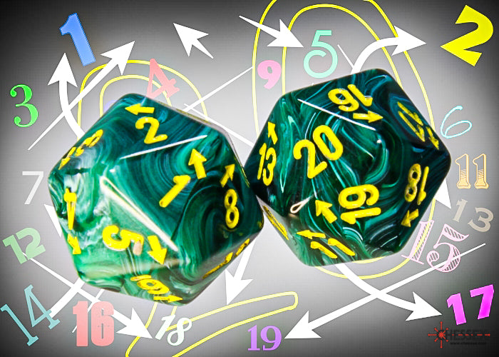 Chessex CHXXVUD25 Vortex Malachite/Yellow Spindown D20 (Single Dice) (9250469085421)