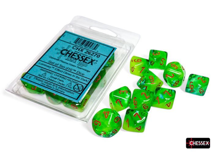 Chessex CHX26270 Gemini Plasma Green-Teal/orange Luminary Set of 10 d10s