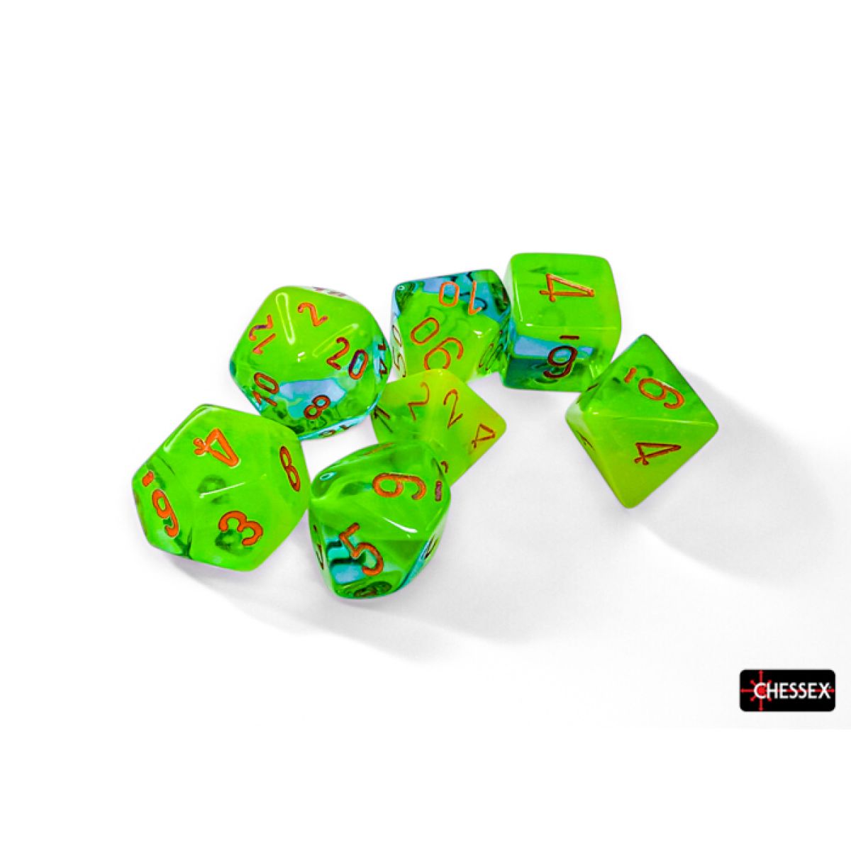 Chessex CHX26470 Gemini Plasma Green-Teal/Orange Luminary Polyhedral 7 Dice Set (9250465054957)