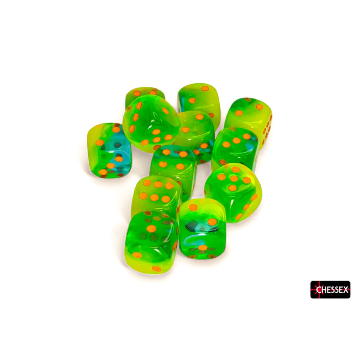 Chessex CHX26670 Gemini Plasma Green-Teal/Orange Luminary D6 Set of 12 (16mm) (9250465251565)