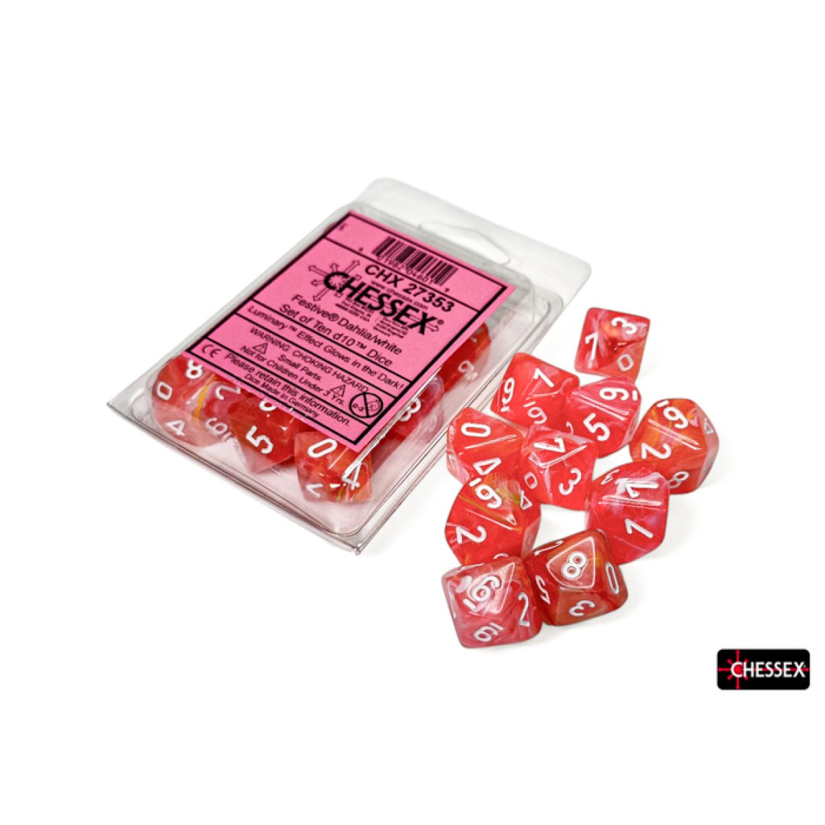 Chessex CHX27353 Festive Dahlia/White Luminary D10 Set of 10 (9250465775853)