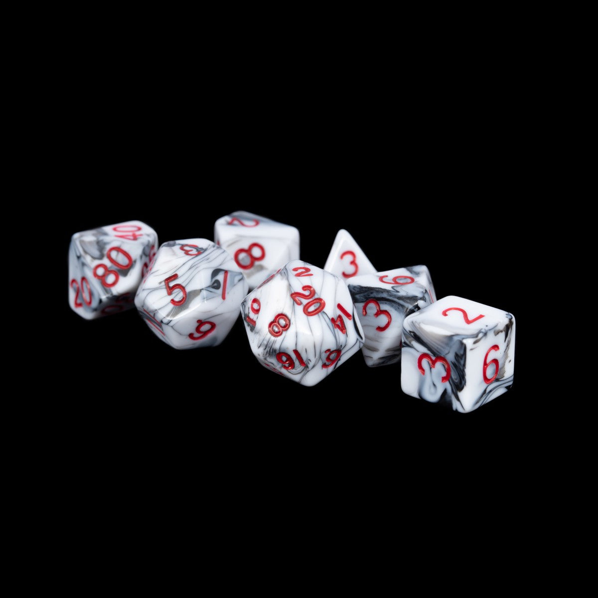 MDG Acrylic Dice: Marble with Red Numbers