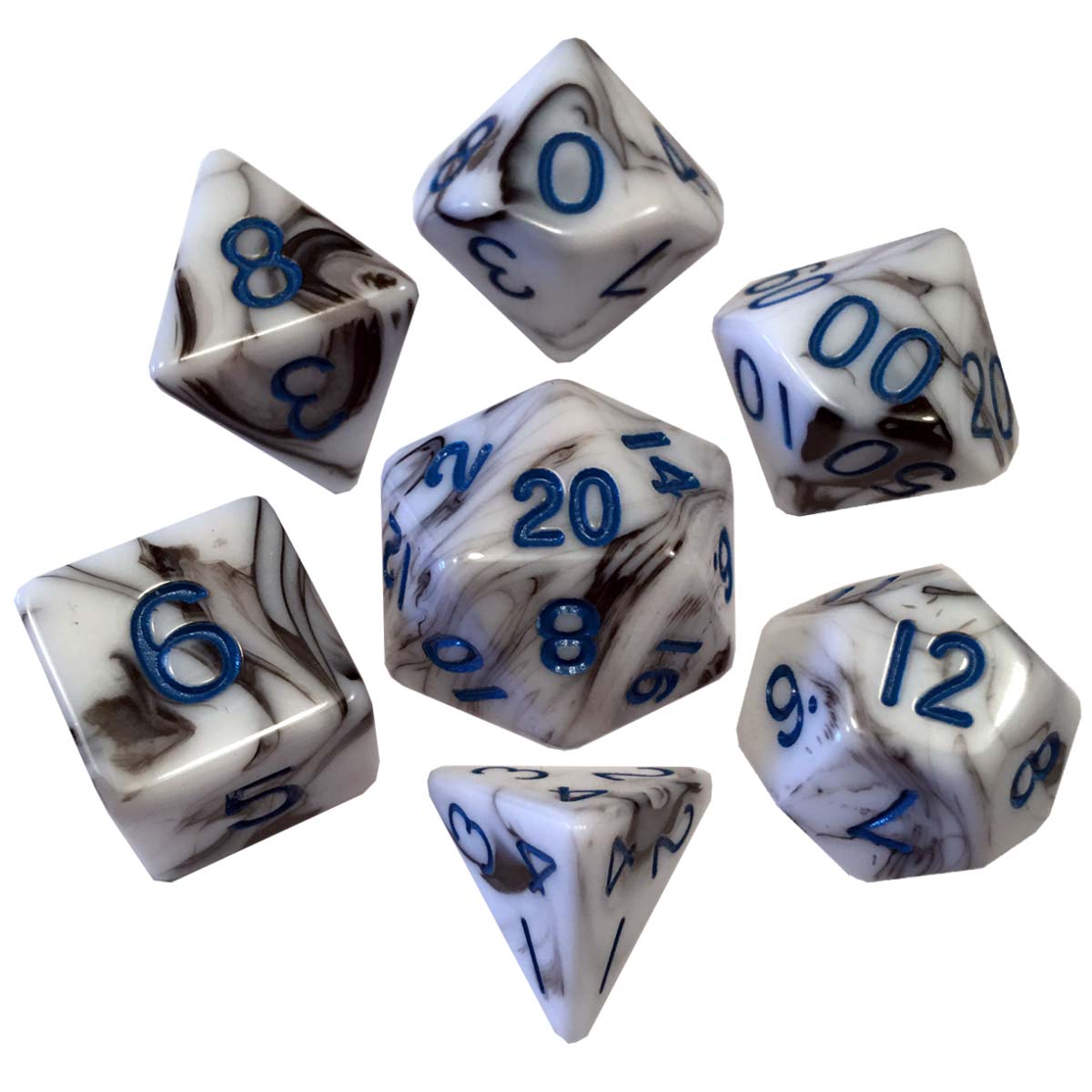 MDG Acrylic Dice: Marble with Blue Numbers