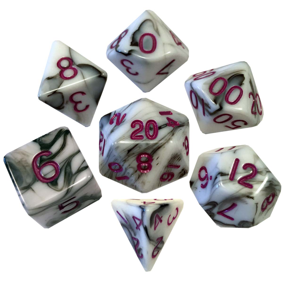 MDG Acrylic Dice: Marble with Purple Numbers