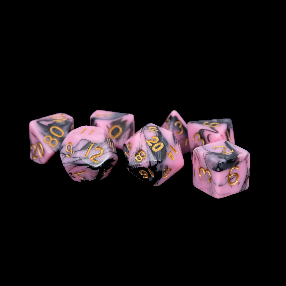 MDG Acrylic Dice: Pink/Black w/ Gold Numbers Pol