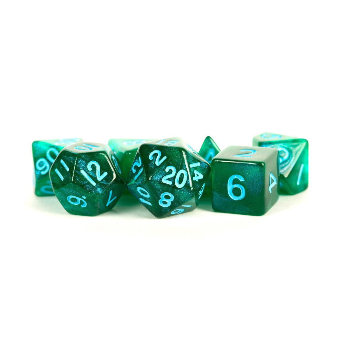 MDG Acrylic Dice: StardustGreen w/ Blue Number