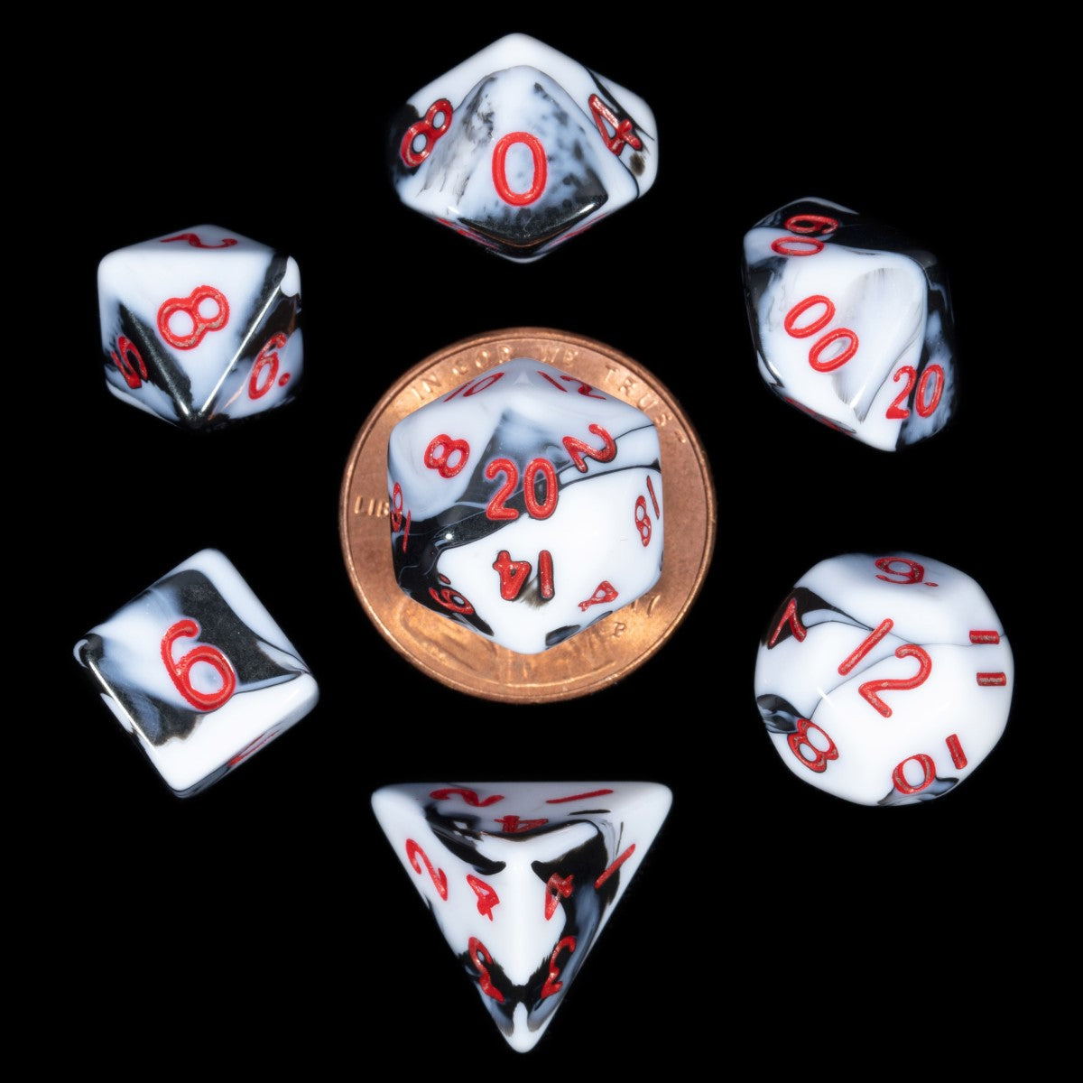 MDG Mini Polyhedral Dice Set: Marble with Red Nu