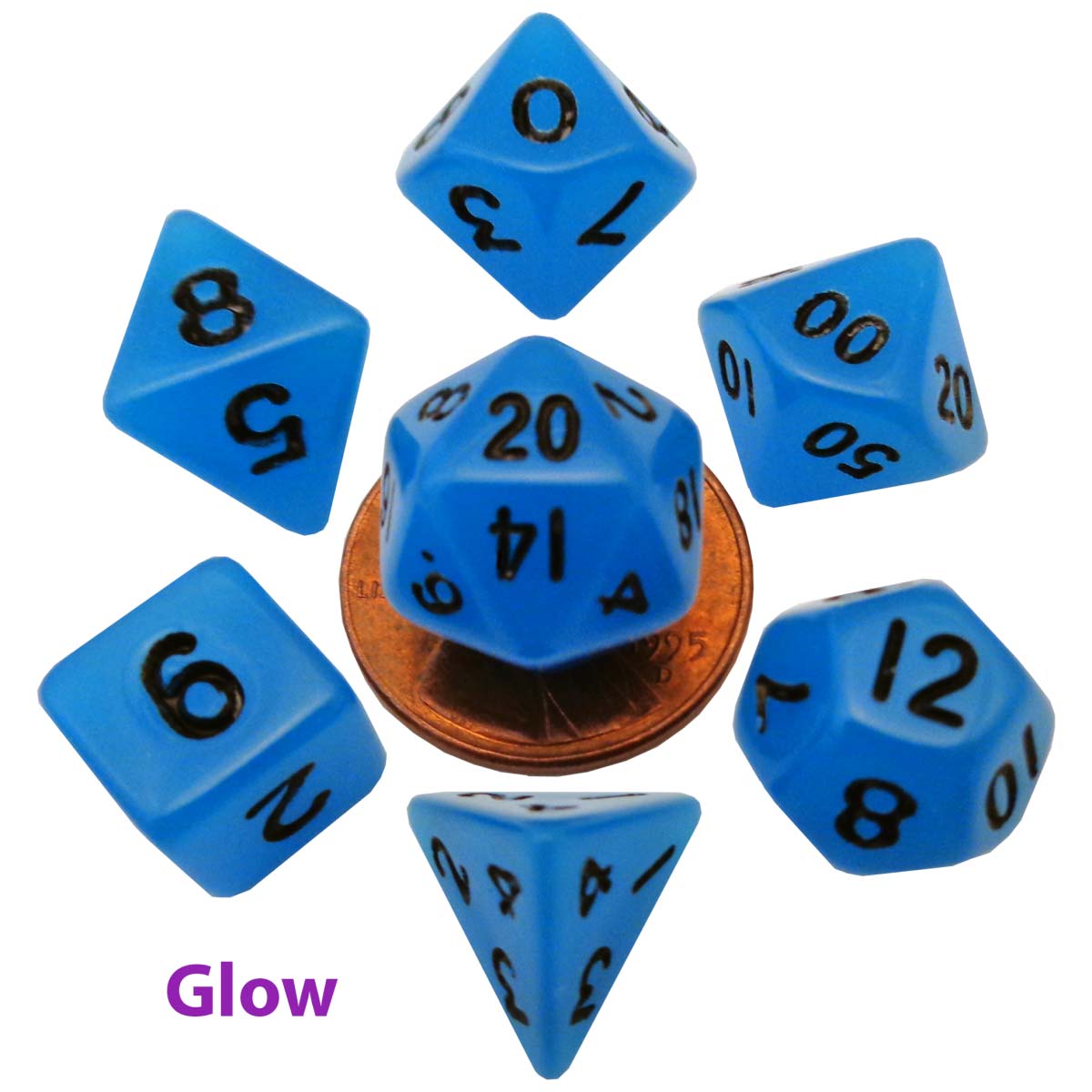 MDG Mini Polyhedral Dice Set: Glow Blue with Bla