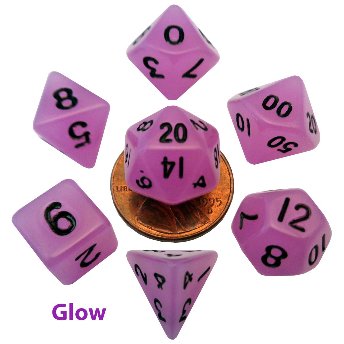 MDG Mini Polyhedral Dice Set: Glow Purple with B