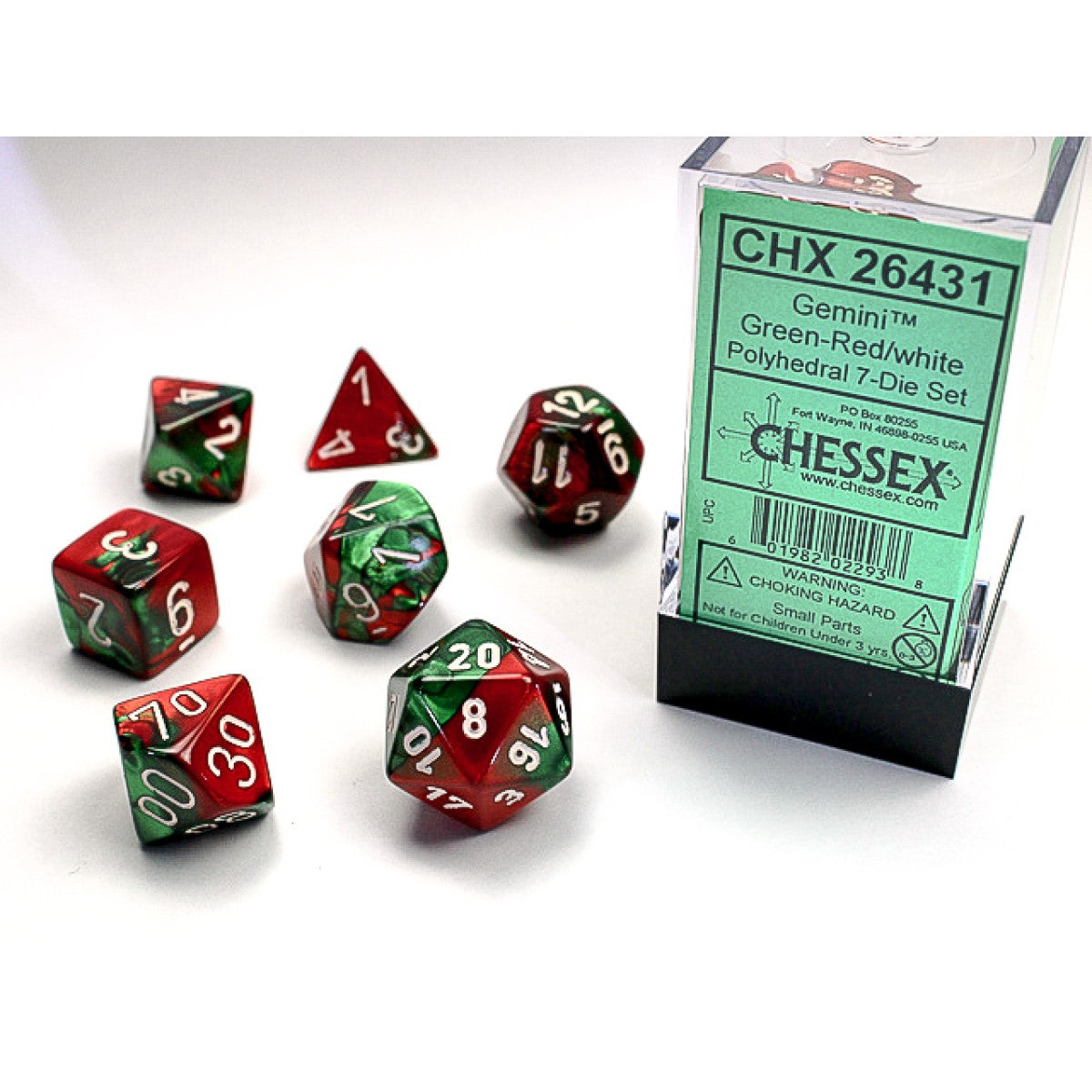 Chessex Gemini Green-Red w/white Classic Polyhed