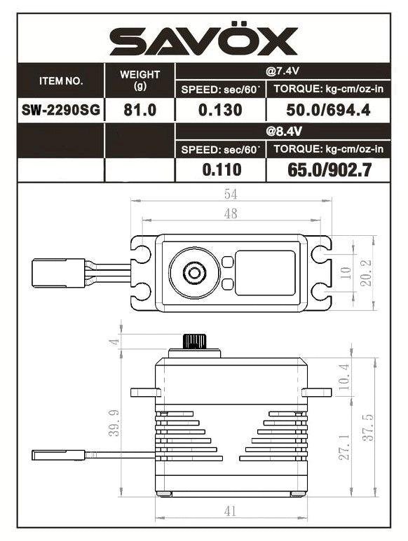 Savox SW-2290SG Brushless IP67 Water Proof Full CNC Servo 50kg/cm 0.13sec @ 7.4v 82g 40.3x20.2x38.7mm (8319185551597)