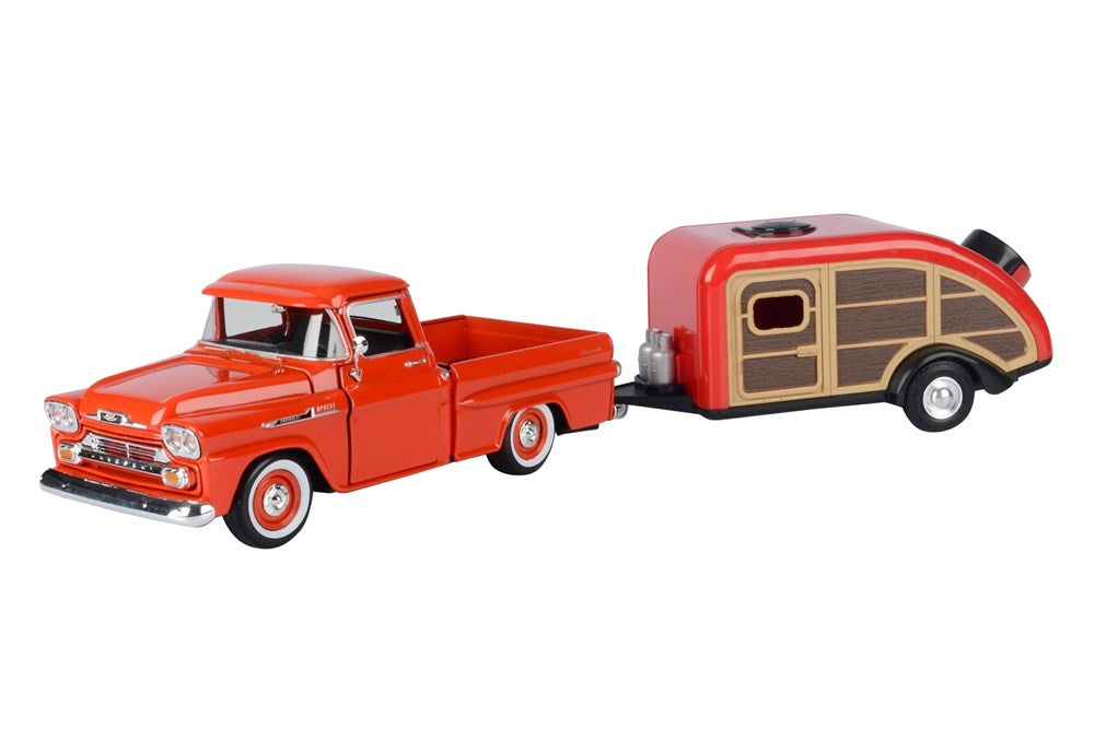 Motormax MX-79311/76083 1/24 1958 Chevrolet Apache Fleetline Pickup with House Trailer (8867974349037)