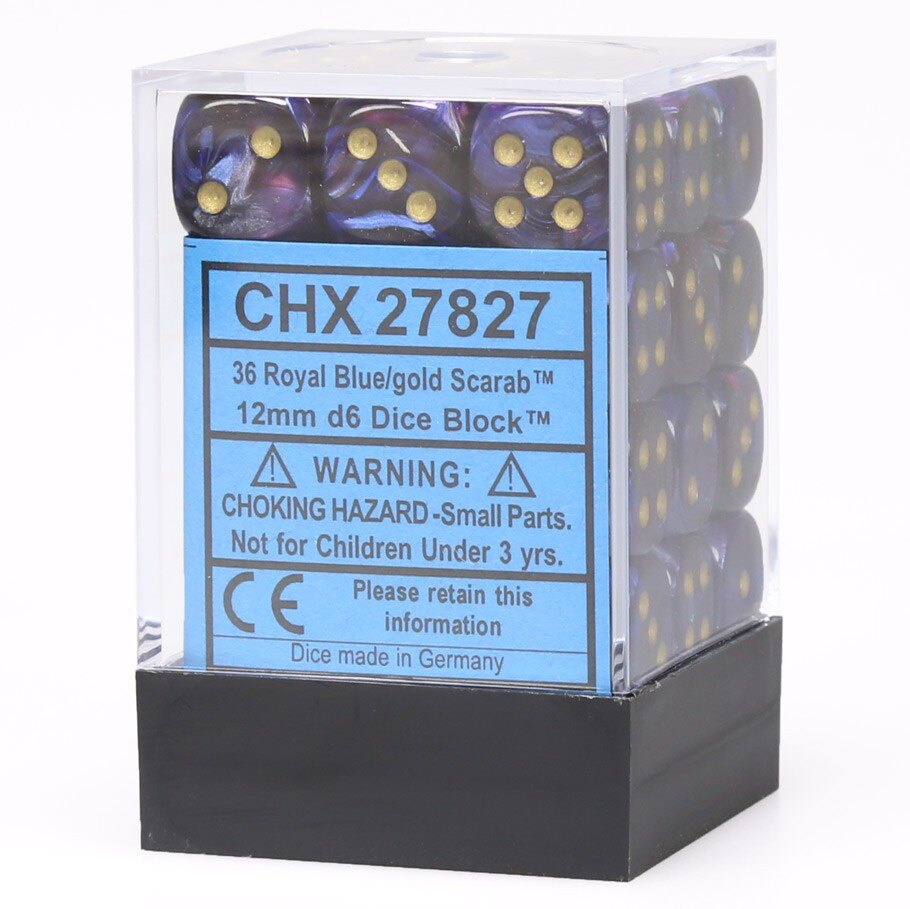 Chessex Scarab 12mm d6 Royal Blue/gold Dice Block (36 dice)