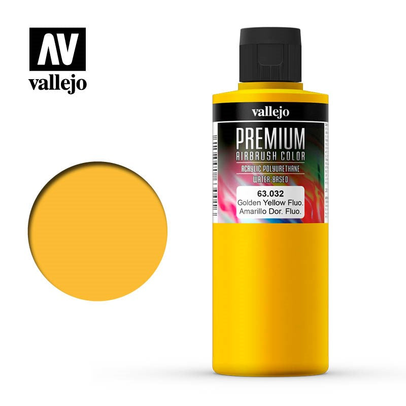 Vallejo AV63032 Premium Colour Fluorescent Golden Yellow 200ml (8938270982381)