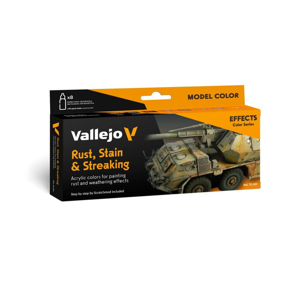 Vallejo AV70183 Model Colour Rust; Stain & Streaking By Scratchmod Effects 8 Colour Set (8938280845549)