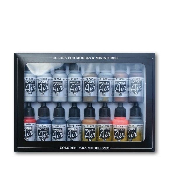 Vallejo AV71181 Model Air Metallic Effects Pack 16 Colour Set (8938317709549)