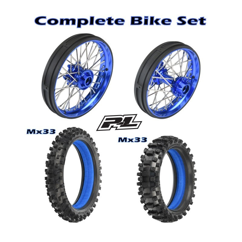 Proline PRO283600T1+PRO283700T1+PRO1022901+PRO1023001 1/4 Pro-Spec Aluminum V2 Bead Complete Bike F/R Wheel/MX33 Tire Combo Set Unmounted Blue: Promoto-MX (8949821079789)
