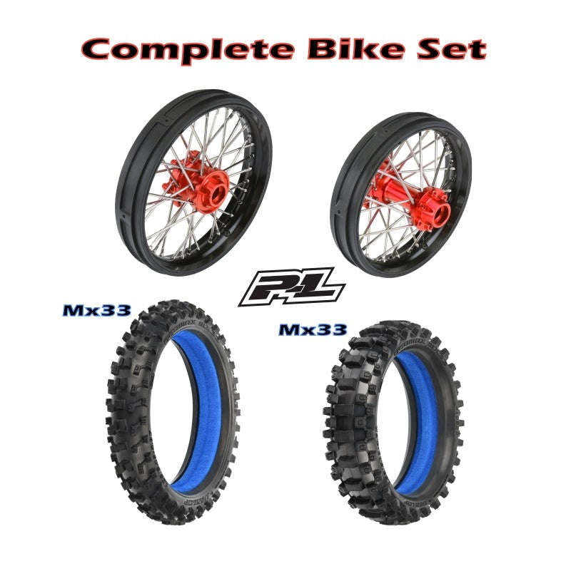 Proline PRO283600T2+PRO283700T2+PRO1022901+PRO1023001 1/4 Pro-Spec Aluminum V2 Bead Complete Bike F/R Wheel/MX33 Tire Combo Set Unmounted Black/Red: Promoto-MX (8949821145325)