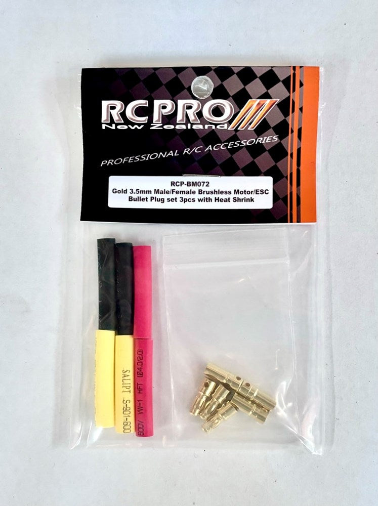 RC Pro RCP-BM072 Gold 3.5mm Male/Female Brushless Motor/ESC Bullet Plug set 3pcs with Heat Shrink (8949824127213)