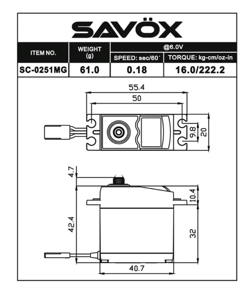 Savox SC-0251MGP Standard size Digital HV Servo 25kg 0.15sec @7.4v 16Kg/cm 0.18sec @6v with Soft Start 61g 40.7x20x39.4mm