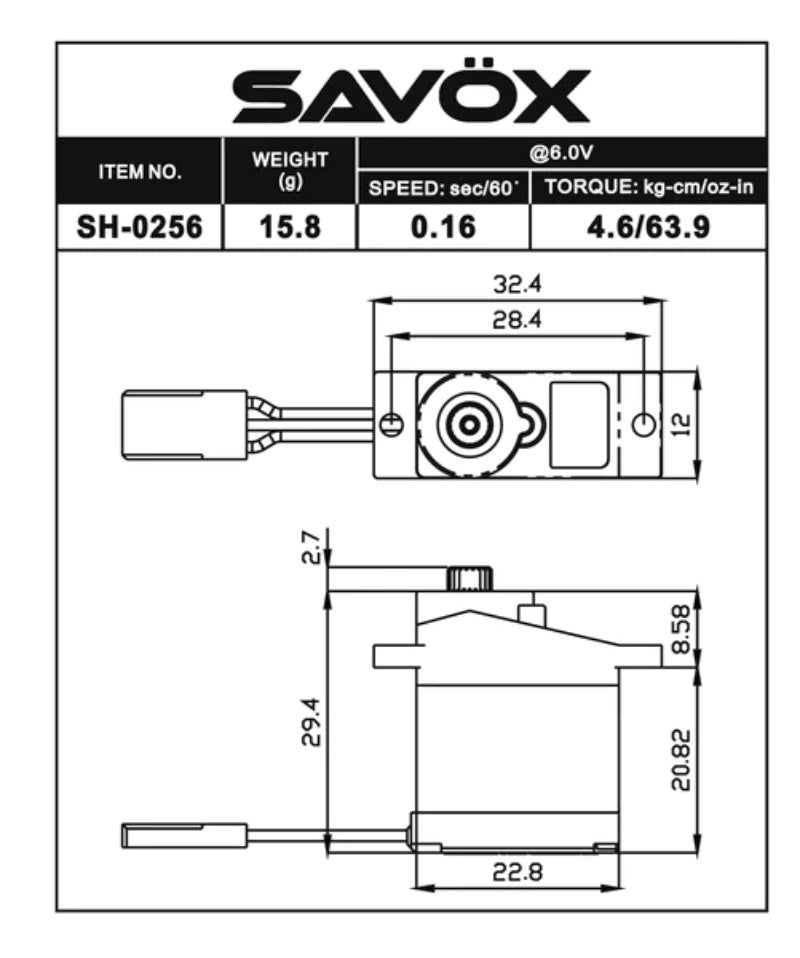 Savox SH-0256P Micro size 4.6kg/cm 0.16sec @ 6v Digital Servo with Soft Start 15.8g 22.8x12.0x29.4mm (8949824717037)