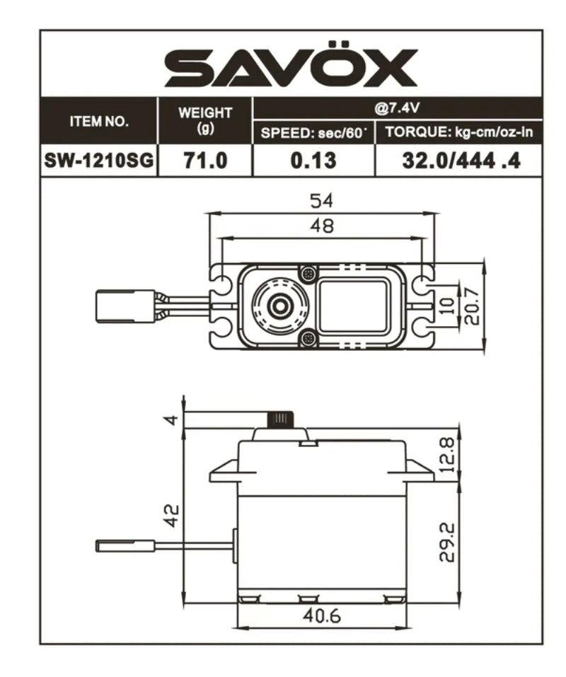 Savox SW-1210SGP Standard size Waterproof 32kg/cm 0.13sec @ 7.4v Digital Coreless Motor Servo with Soft Start  71g 40.6x20.7x42.0mm
