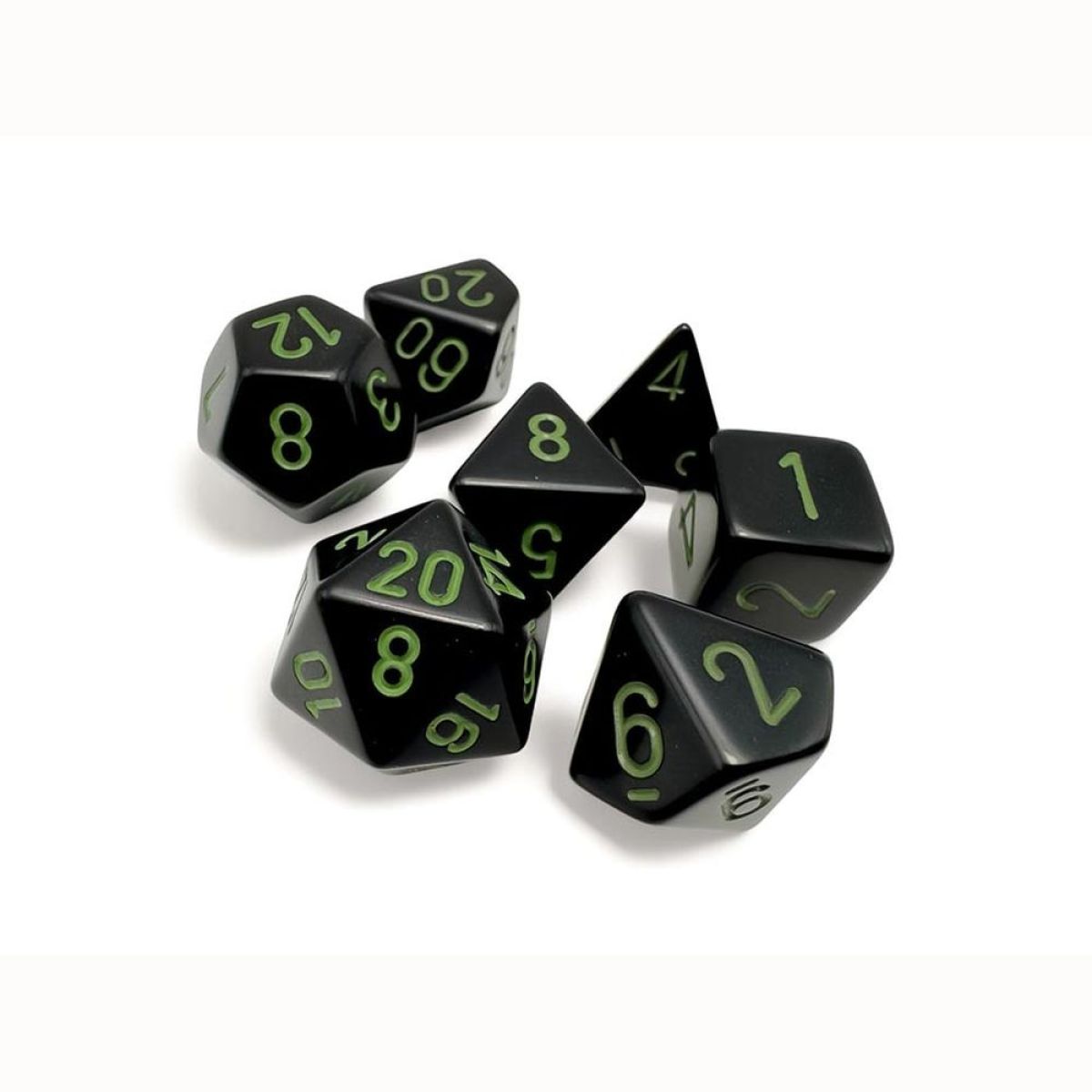 Chessex CHX25458 Opaque Black/Green Polyhedral 7 Dice Set (9250464301293)