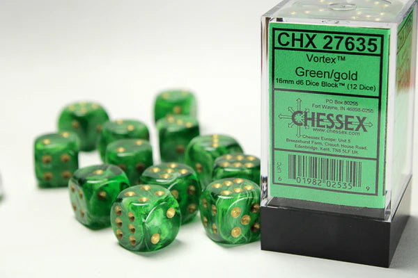 Chessex Signature 16mm d6 (12 Dice) Vortex Green/Gold