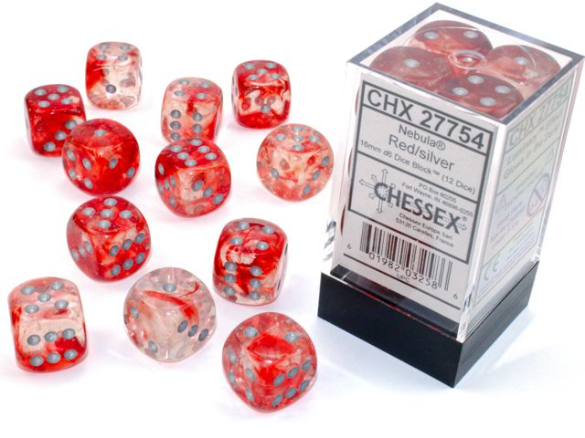 Chessex Nebula 16mm d6 Red/silver Luminary Dice Block (12 dice)