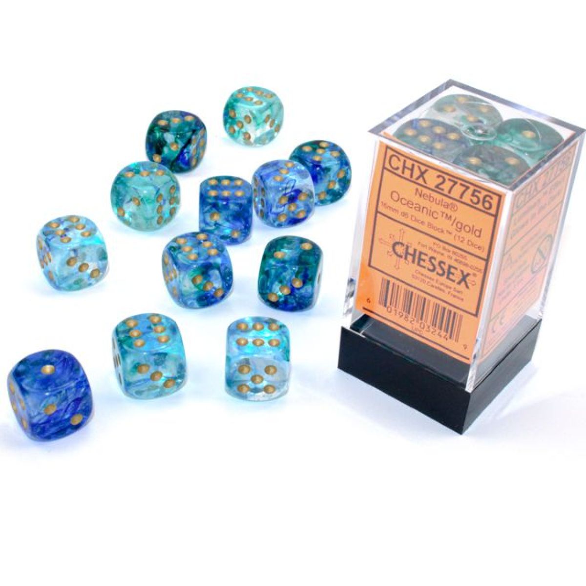 Chessex CHX27756 Nebula Oceanic/Gold Luminary D6 Set of 12 (16mm) (9250467119341)