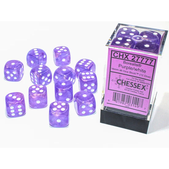 Chessex Borealis 16mm d6 Purple/white Luminary Dice Block (12