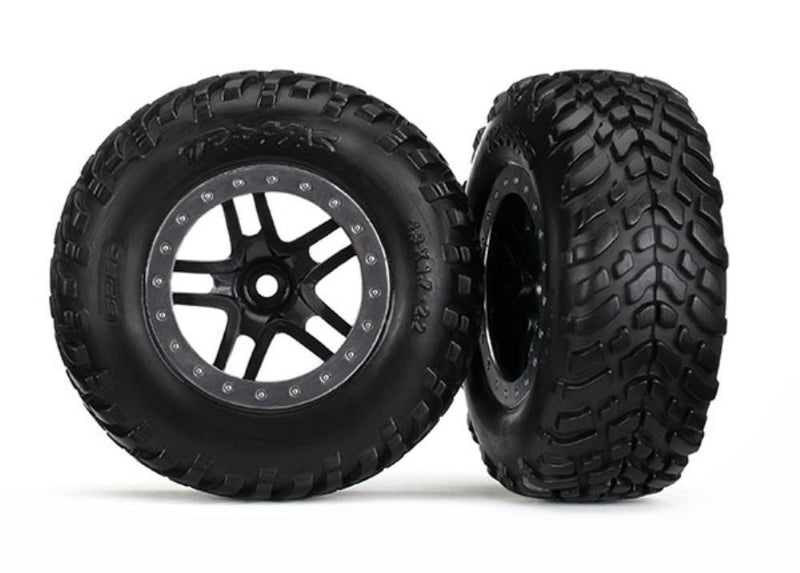Traxxas 5889 - Tires & Wheels Glued Black Satin Chrome Beadlock Style (2) (4Wd F/R 2Wd Rear) - Hobby City NZ