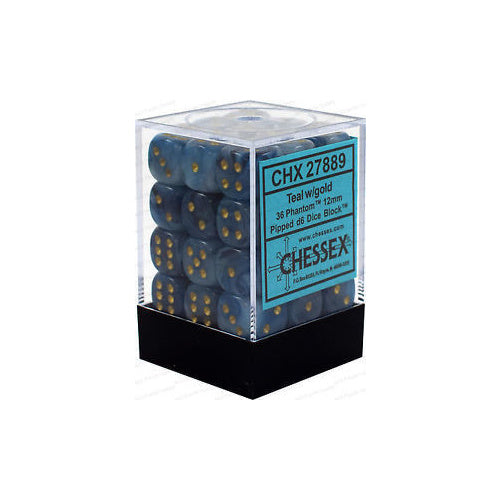Chessex Phantom 12mm d6 Teal/gold Dice Block (36 dice)