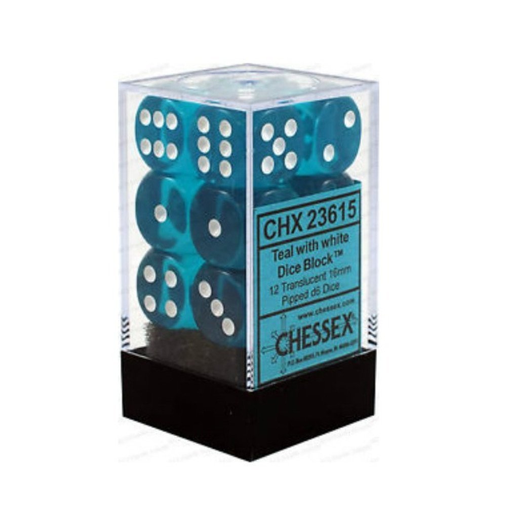 Chessex Translucent 16mm d6 Teal/white Dice Block (12 dice)