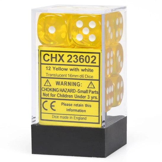 Chessex Translucent 16mm d6 Yellow/white Dice Block (12 dice)