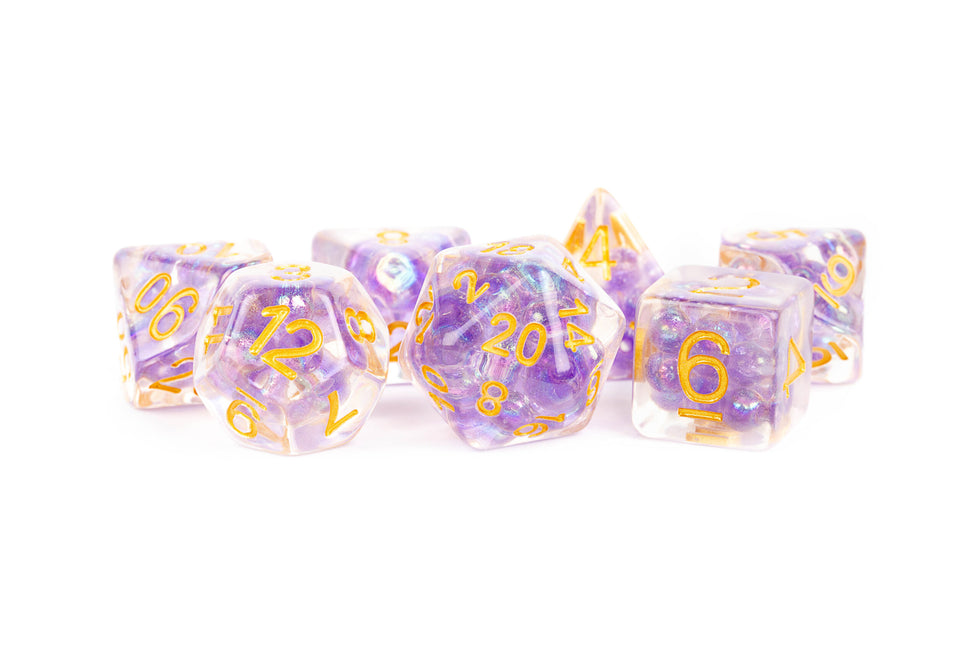 MDG 16mm Resin Polyhedral Dice Set Pearl Purple w/ Gold Numbers - MDG687