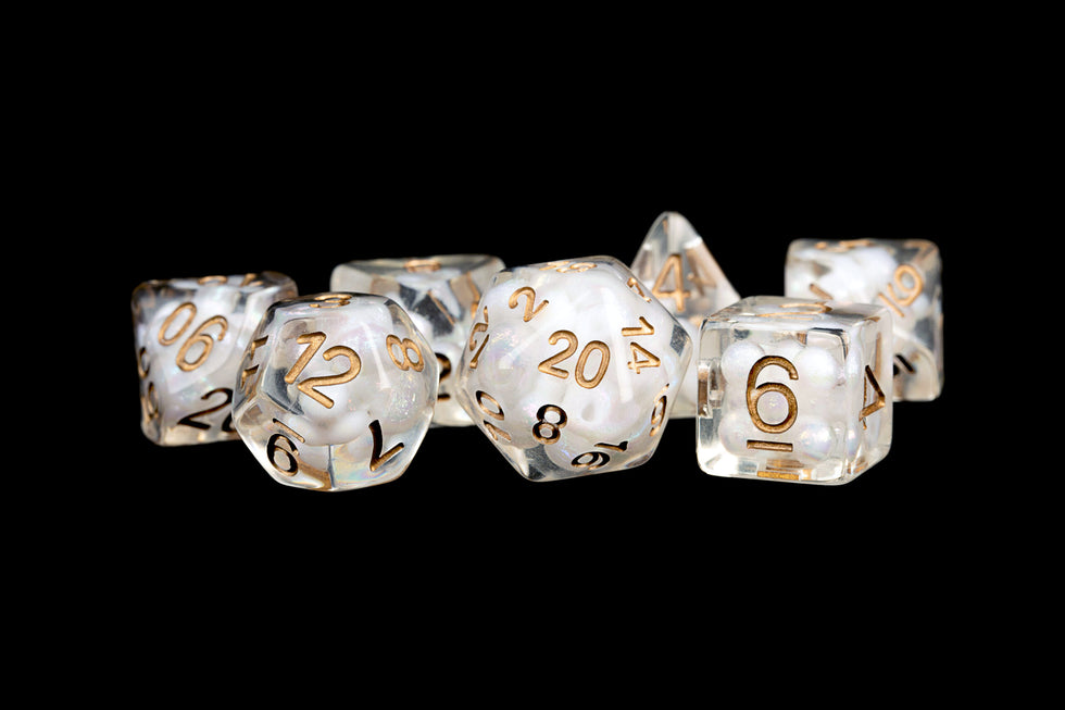MDG 16mm Resin Polyhedral Dice Set Pearl w/ Copper Numbers - MDG688