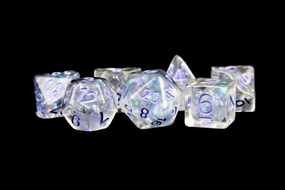 MDG 16mm Resin Polyhedral Dice Set Pearl with Purple Numbers - MDG689