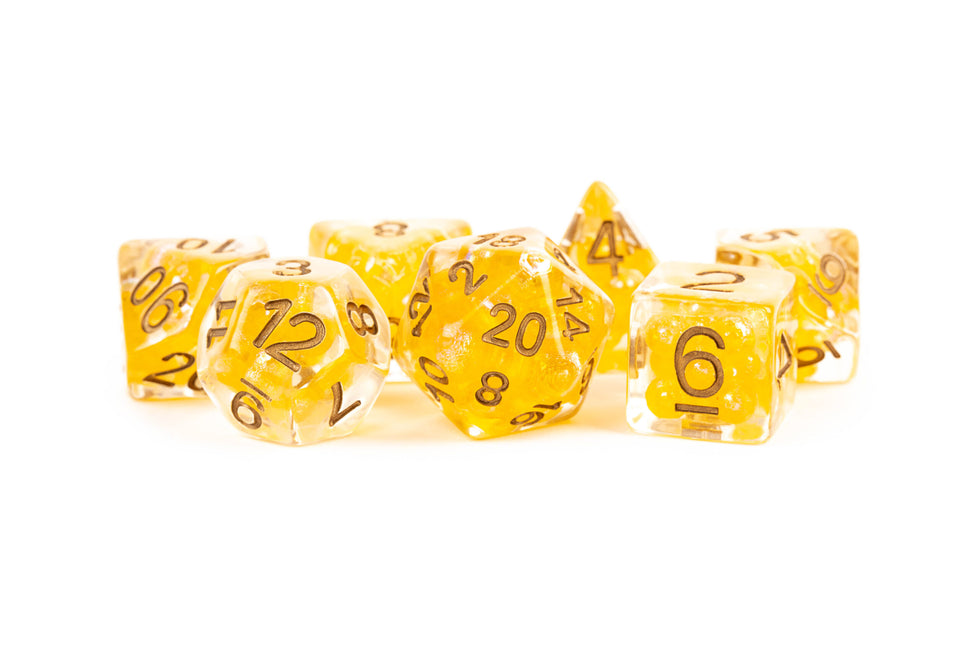 MDG 16mm Resin Polyhedral Dice Set Pearl Citrine with Copper Numbers - MDG696